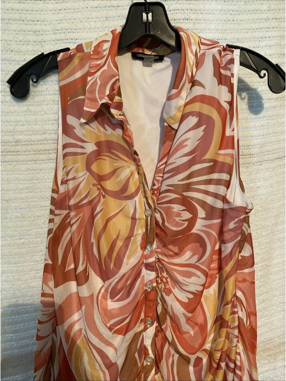 cable and gauge Blouse Women Large Orange Floral Sleeveless Ruched Top VNeck NEW